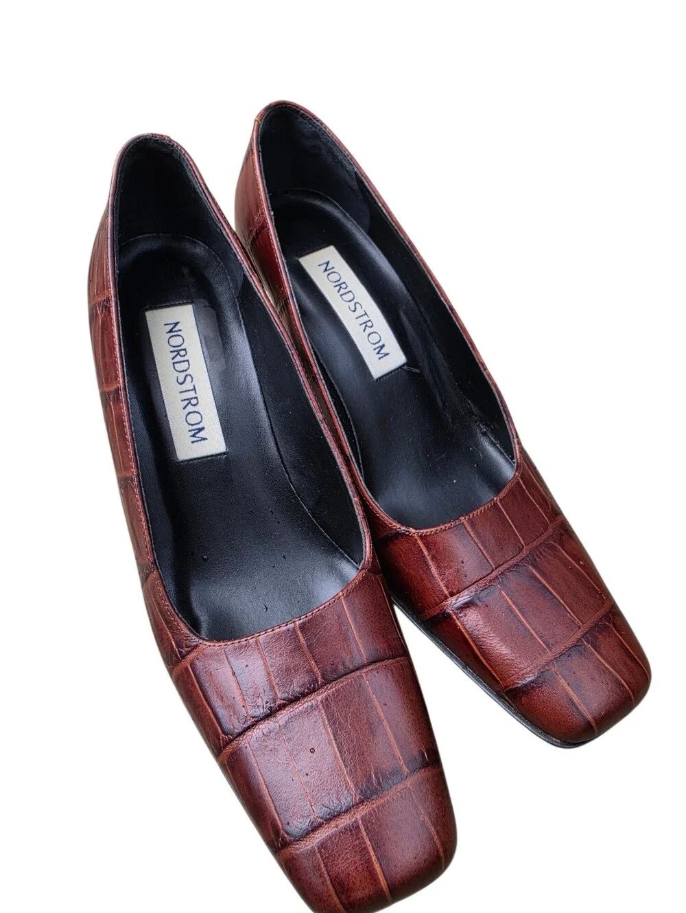 Nordstrom Italian Leather Croc Embossed Square Toe Pumps Brown Size 7M
